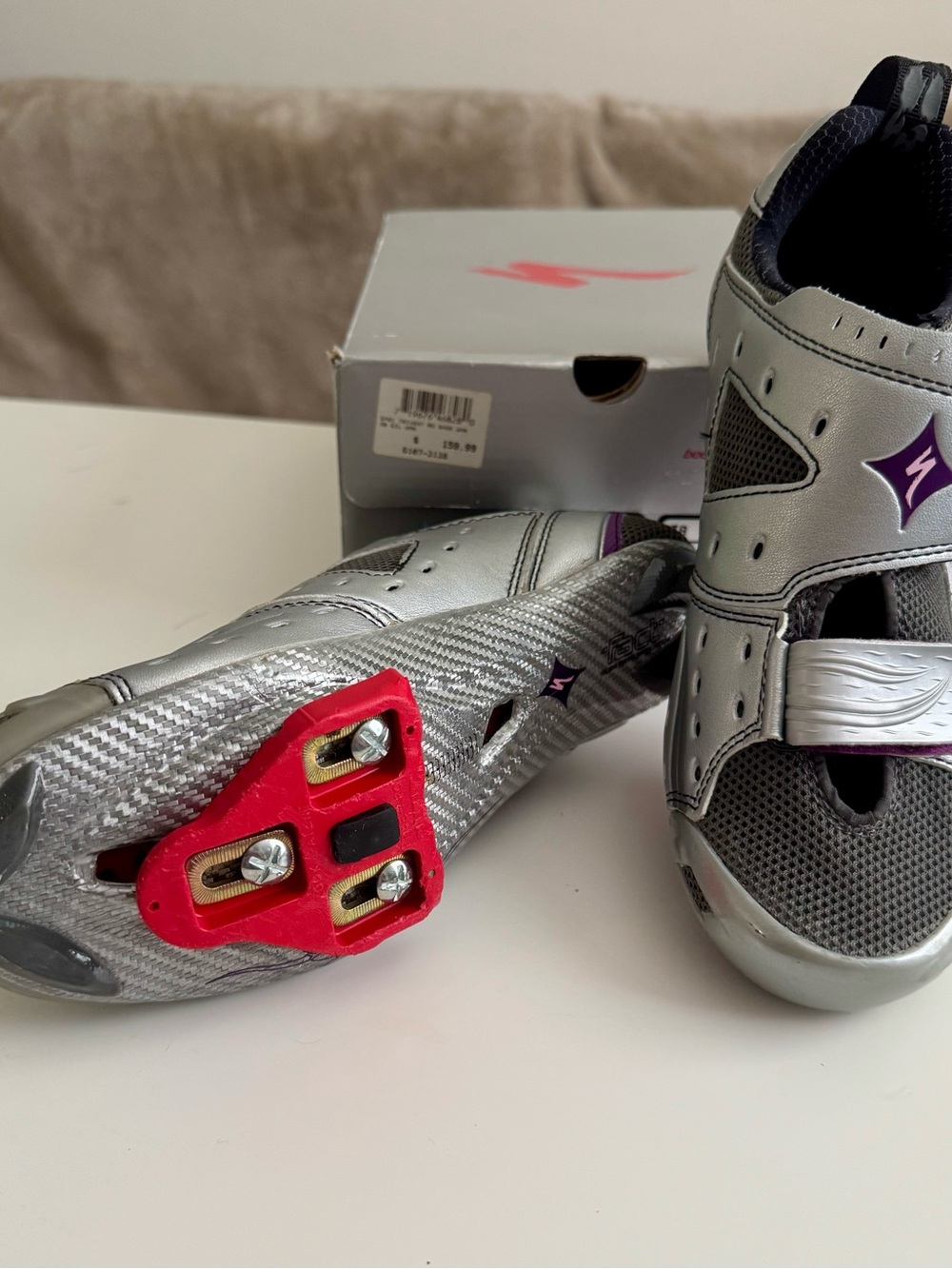 Specialized Silver and Purple Wms Cycling Shoes with Red Cleat